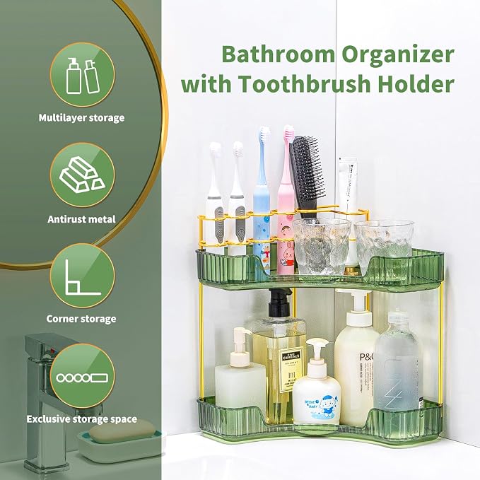 Makeup Organizer 2-Tier Bathroom Counter Organizer with Makeup Brush Holder | Corner Bathroom Organizer Countertop, Acrylic Counter Storage for Bathroom Dresser, Skincare Perfume Organizer- Green