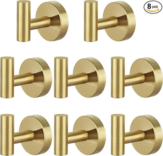 8 Pcs Bathroom Robe Towel Hooks Coat Wall Hook Stainless Steel Heavy Duty Door Hanger Towel Robe Clothes Cabinet Closet Sponges Hook for Bathroom Bedroom Kitchen Hotel Pool (Gold)