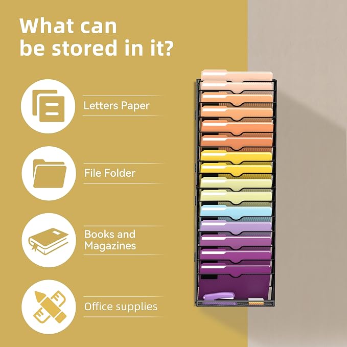 SUPEASY 16-Tier Hanging Wall File Holder Organizer for Papers, Folders, Files Clipboard & Magazine Organization Great for Office Home, Assembly Needed, Black | Paper, Folder, Magazine Rack Great for Office Home School, Assembly Needed, Black