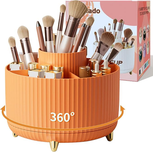 fanado 360° Rotate Makeup Brush Holder Organizer, Makeup Organizers Countertop, Makeup organization and Skincare Storage for Vanity, Desktop, Bathroom (Orange)