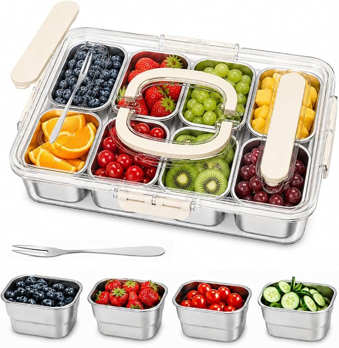 Ankou Snackle Box Container, Stainless Steel Divided Serving Tray with Lid, Handle and Forks
