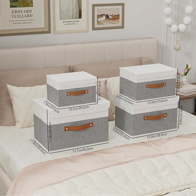 Yawinhe Collapsible Storage Boxes,White/Grey,10.2x7.9x6.7in,1-Pack | Fabric Storage bin with Lids, Washable Cube Organizer Basket; Container with Leather Handle,Closet Organizer for Home