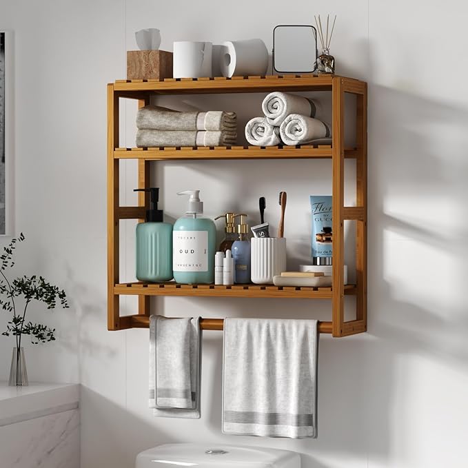 Galood Over The Toilet Storage Bathroom Shelves Wall Mounted 3 Tier Space Saver Corner Shelf Organizer Bamboo Towel Rack Toilet Paper Cabinet with Hanging Rod Brown