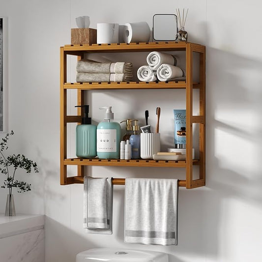 Galood Over The Toilet Storage Bathroom Shelves Wall Mounted 3 Tier Space Saver Corner Shelf Organizer Bamboo Towel Rack Toilet Paper Cabinet with Hanging Rod Brown