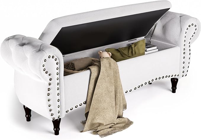 Storage Ottoman Bench, 51" Upholstered Bench & Ottoman with Safety Hinge, Tufted Bed Bench with Rolled Arm and Nailhead Trim, End of Bed Storage Bench for Bedroom, Living Room, Entryway White