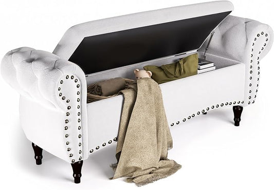 Storage Ottoman Bench, 51" Upholstered Bench & Ottoman with Safety Hinge, Tufted Bed Bench with Rolled Arm and Nailhead Trim, End of Bed Storage Bench for Bedroom, Living Room, Entryway White
