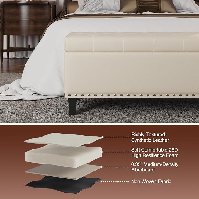 FiveWillowise 51 Inch Storage Ottoman Bench,Large End of Bed Storage Bench | Faux Leather Ottoman with Storage,30 Gallons,Upholstered,with Nailhead Trim,Legs,for Bedroom,Living Room,Entryway,Cream White