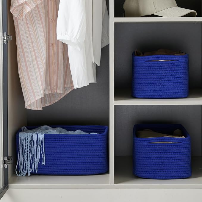 3-Pack Small Storage Baskets for Organizing | Woven Shelf Toy Basket | Rope Baskets for Gifts Empty | Closet Organizer Bins with Handles | Cube Decorative Box | 11.8×7.8×5.1” | Klein Blue