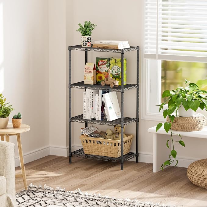 SINGAYE 4 Metal Shelves Wire Shelving Storage Shelf Adjustable Unit Pantry | 4 Tier Kitchen Laundry Room Organization Home Pantry Closet Bathroom Organizers Garage Rack 14" D x 24" W x 48" H Black