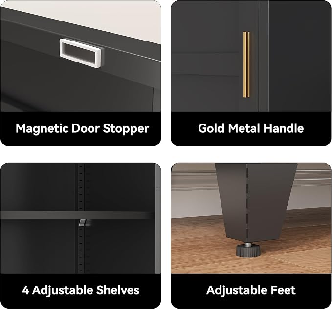 COFaR 67" Metal Pantry Cabinet, Black Storage Cabinet with Magnetic Door & 4 Adjustable Shelves, Slim Freestanding Cupboard for Office, Kitchen, Bathroom