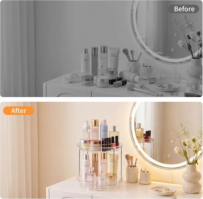 Rotating Makeup Organizer for Vanity, Skincare Holder with 2 Tier Tray | Spinning Bathroom Counter Organizer with Easy Assembly & Non-Slip Base, Stable Vanity Tray for Perfume, Cosmetics, Hair Care