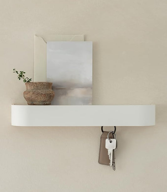 Kazai. Key Holder 'Toke' | Minimalist Key Hook Design from Berlin | Modern Key Holder Wall Mount with Wooden Shelf | Key Rack for Wall as Entryway Organizer | White