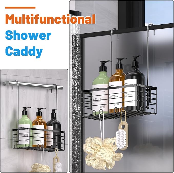YUOROS 304 Stainless Steel Hanging Shower Caddy (Black) | Over the Door Shower Organizer Rack Rustproof Bathroom Storage Shampoo Holder Basket