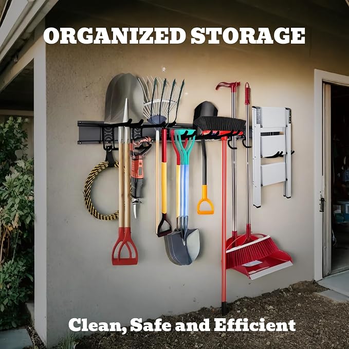 SEDY 64" Heavy Duty Garage Storage Tool Organizer Wall Mount - Tool Rack with Adjustable Hooks, Anti-Rust, 300lbs Capacity - Easy Installation (4 Racks, 10 Hooks, 3 Straps)