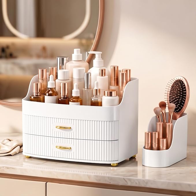 Makeup Organizer for Countertop Vanity Skincare Storage for Perfume Lipstick Bathroom Dresser Desk with Drawers And Brush Holder (White)