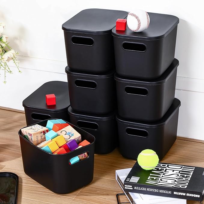 8 Pieces Colorful Storage Bins with Lid, Plastic Storage Basket Organizing Container Stackable Box with Handle for Shelves Desktop Playroom Office(9.8 x 7.1 x 6.3 Inch,Black)