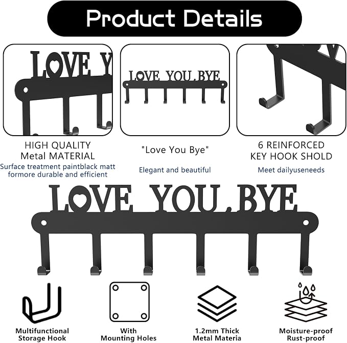 Key Holder for Wall - 'Love You Bye' Key Hooks, Black, 6 Hooks | Key Holder Wall Mount Self Adhesive, Key Rack Wall Mount for Wall No Drill for Living Room, Kitchen, Bathroom, Garage