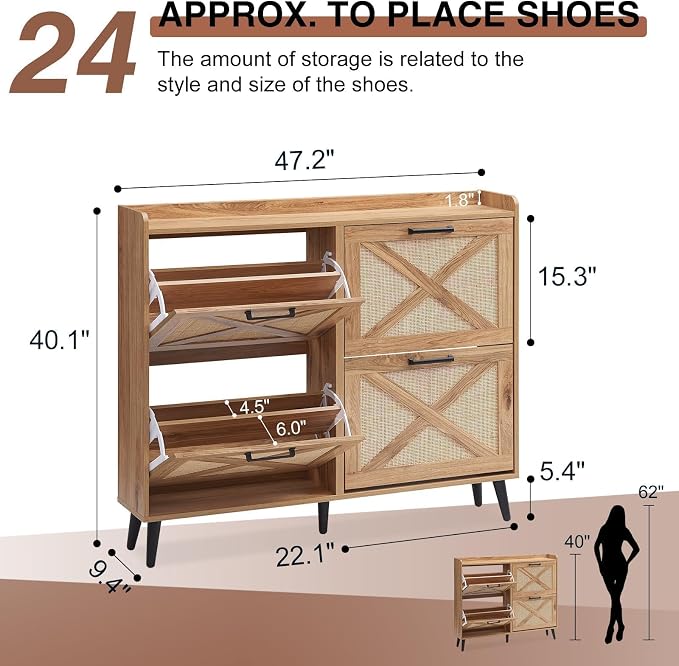 Barnyatoh Farmhouse Shoe Storage Cabinet,Shoe Organizer with 4 Flip Drawers | Freestanding Hidden Slim Narrow Shoe Rack Cabinet,Barn Door Design, Wood Shoes Organizer for Entryway,Foyer,Hallway,Natural