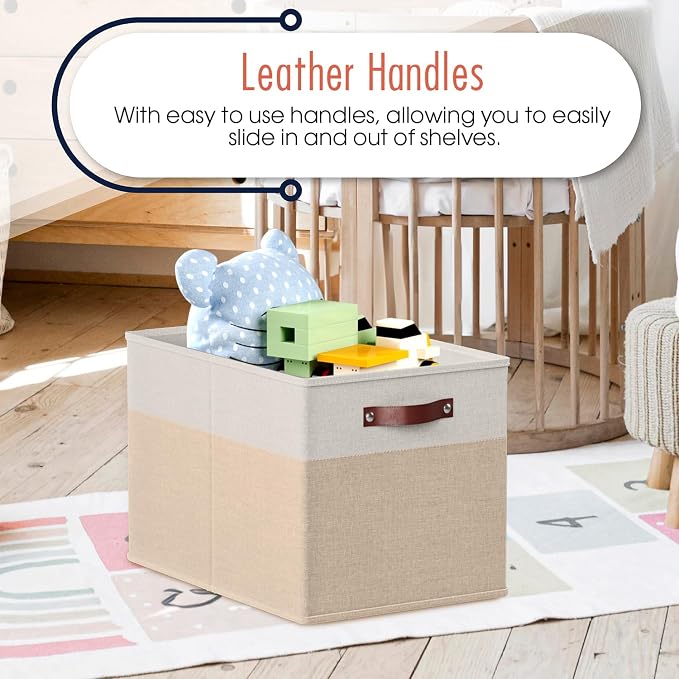 Ornavo Home 13x15x13 Foldable Fabric Storage Cube Bins, 6 Pack, White/Khaki | Collapsible Linen Shelf Basket Organizer; Leather Handles; Fits Cube Storage Shelving Units