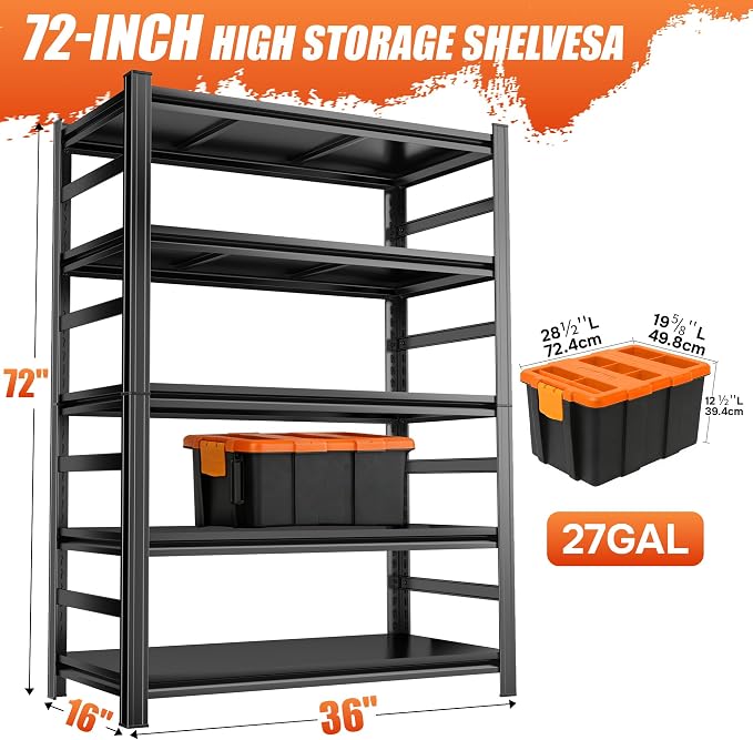 72''H Metal Garage Shelving Heavy Duty Storage Shelves Series, Large Industrial 5tier Shelving Unit for Basement, Business, Factories, Commercial, Warehouse and Workshop, with Side Retaining Bars