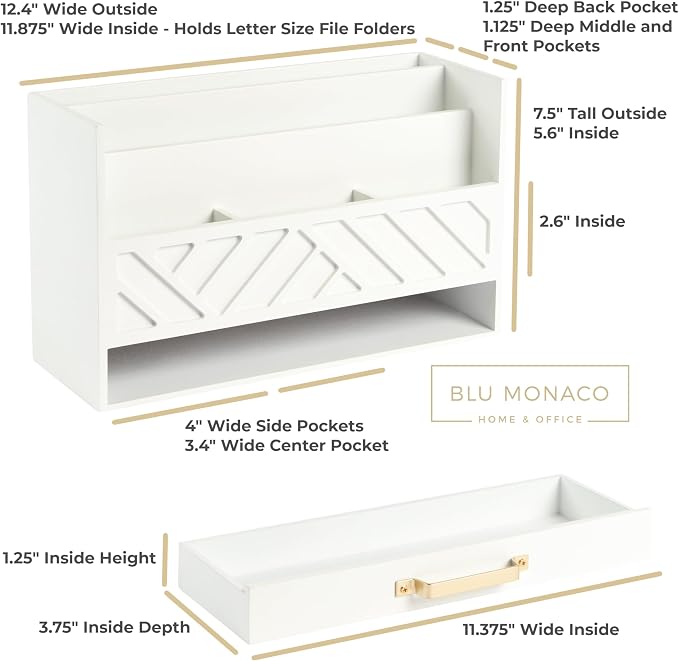 BLU MONACO | White Wooden Desk Organizer & Mail Organizer with Drawer & Gold Handle | Mail Sorter Countertop | 6 Compartments | White Desktop Organizer for Desk