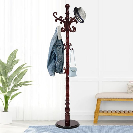 Wooden Coat Rack Stand, Coat Rack Freestanding with Sturdy Round Base, Adjustable Height Tree Coat Racks Stand for Home Bedroom Hallway Entryway Office