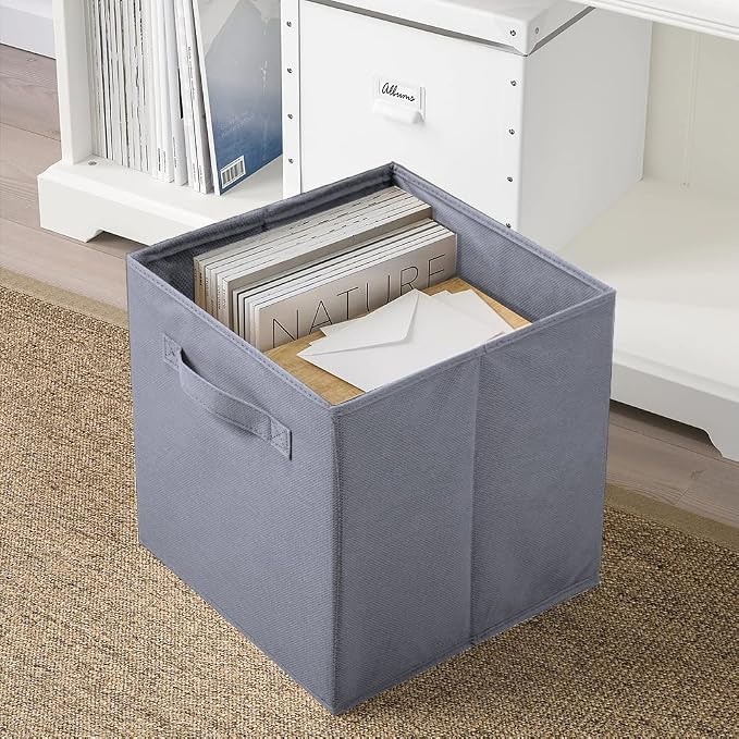 PowerKing Collapsible Storage Cubes, Farbic Storage Bins, Grey, 2 Pack | Sturdy, Lightweight, Easy Pull Handle, Closet & Shelf Organizer, Clothes and Toys Storage, 10.5'' x 11'' x 10.5''