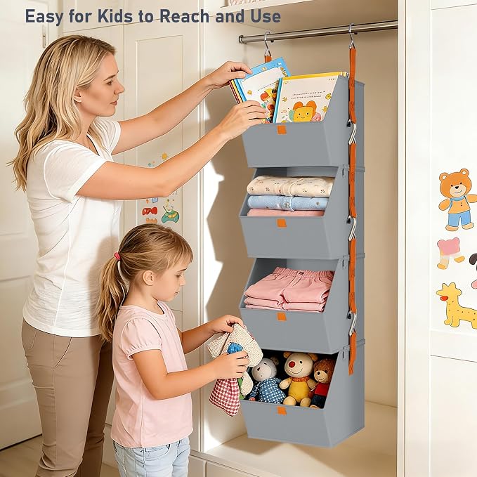 DIMJ Hanging Closet Organizer - 4 Tier Collapsible Hanging Shelves with Hooks Zipper, Fabric Clothes Organizer, Space-Saving Storage Bin Basket for RV, Bedroom, Laundry Organization