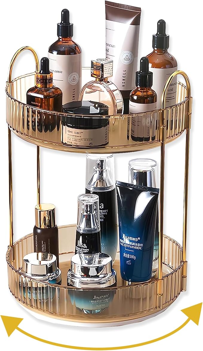 Asayuee 360 Rotating Gold Makeup Organizer,2 Tier Large Capacity Rotating Makeup Organizer,SkincarePerfume Organizer,Bathroom Cosmetics Storage Organizer Countertop (Gold-2 Tier)