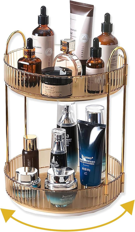Asayuee 360 Rotating Gold Makeup Organizer,2 Tier Large Capacity Rotating Makeup Organizer,SkincarePerfume Organizer,Bathroom Cosmetics Storage Organizer Countertop (Gold-2 Tier)