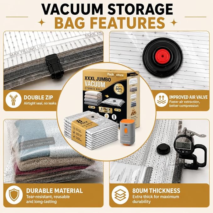 Vacuum Storage Bags Jumbo XXXL 8 Pack (37.5×49.2 In) with Electric Pump, Thick Space Saver Bags, Double Zipper Airtight Seal, Reusable Vacuum Compression Bags for Clothes, Bedding, Comforters Pillows