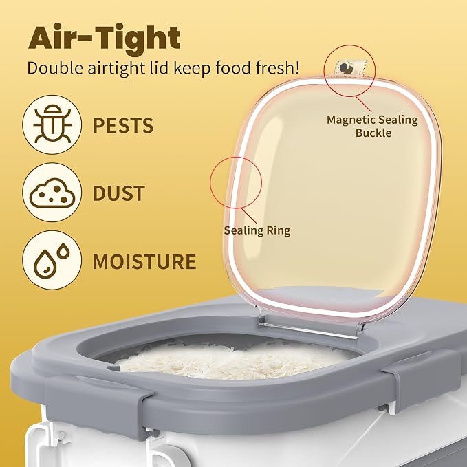 HOYTAMDA 20-30Lbs Collapsible Rice Container,Food Storage Containers Wheels | Rice Storage Container with Airtight Clear Lid,Handle,Small Bin &Scoop,Rice Dispenser for Flour Sugar Cereal Dog Cat Food