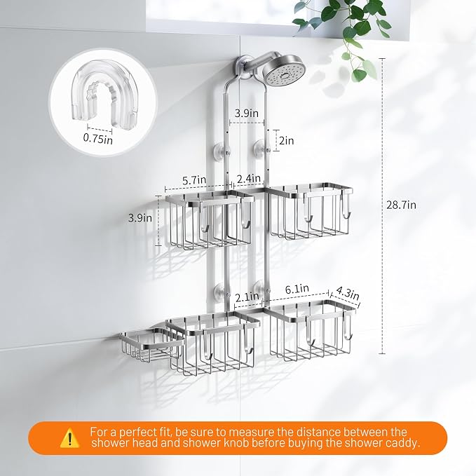 Luxspire Shower Hanging Caddy Overhead, Hanging Shower Organizer, Silver | No Drilling Required, Height-Adjustable, Thickened Rustproof Stainless Steel, Heavy-Duty, Include 8 Hooks And Soap Holder