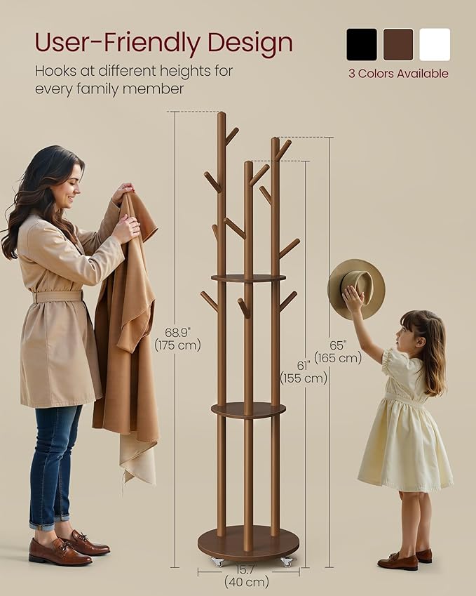 VASAGLE Freestanding Coat Rack Stand, Coat Tree with 11 Hooks, 3 Shelves, 4 Removable 360° Swivel Wheels, Wooden Hooks and Poles, for Entryway, Bedroom, Living Room, Walnut Brown URCR023K01