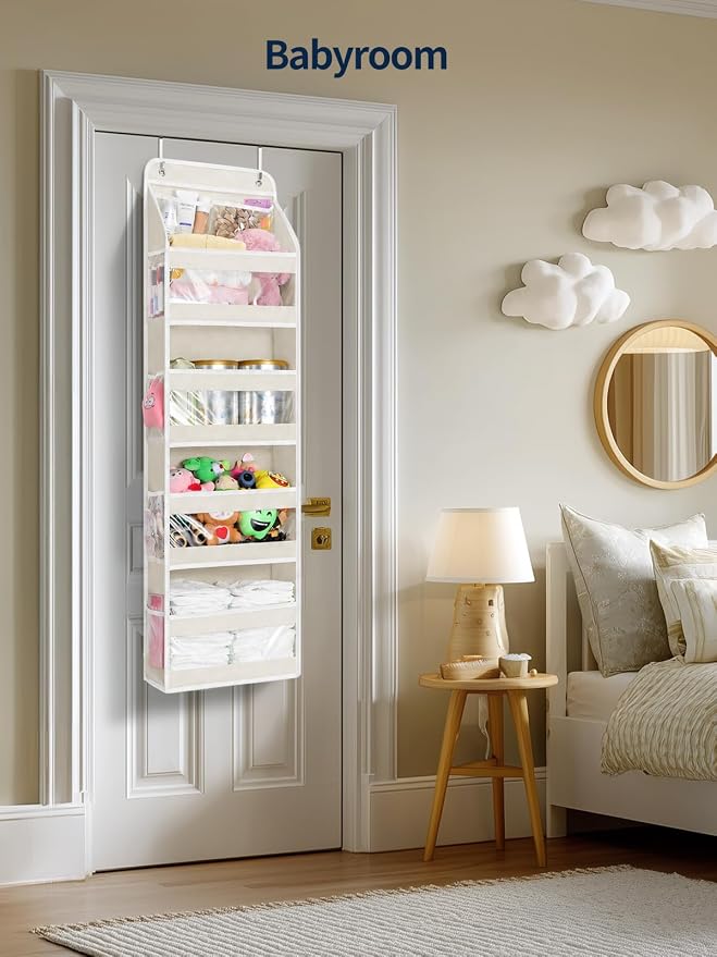 Yecaye 5 Tier Over the Door Organizer, Swing-proof Door Organizer Hanging with Clear PVC Windows, Behind the Door Storage for Bedroom Nursery Closet Laundry Pantry Bathroom, Cream White