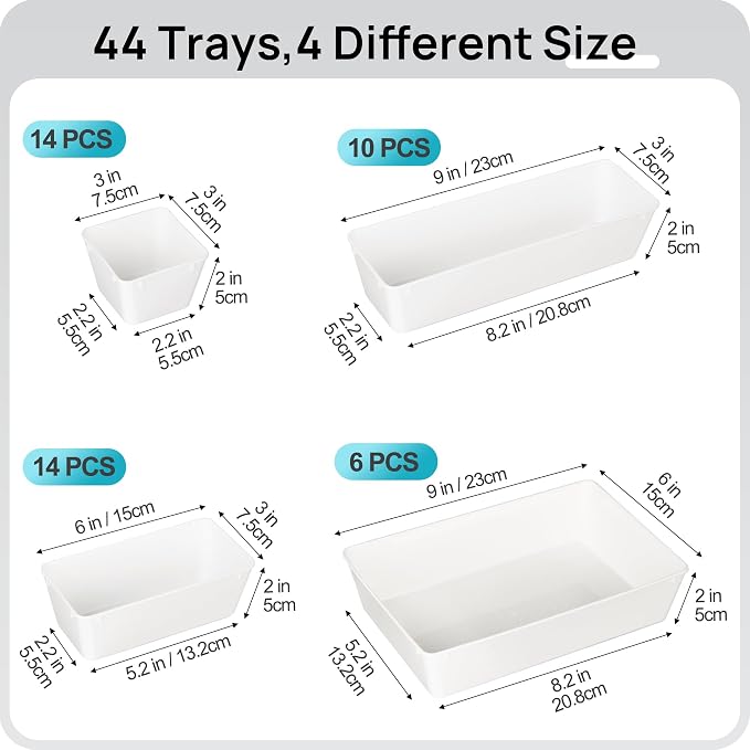 Vtopmart 44 PCS Plastic Drawer Organizer Set, Vanity Organizer Trays, White | 4-Size Versatile Makeup Organizer, Non-Slip Storage Containers for Makeup, Jewelries, Bedroom，Kitchen Utensils and Office