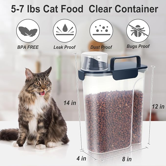 Dog Cat Food Storage Container with Cup (Ink Blue, 5L) | Pet Food Pourable Container Airtight with Large Spout, BPA-Free Plastic Food Dispenser for Pet Food, Bird Seed, Rice, Flour