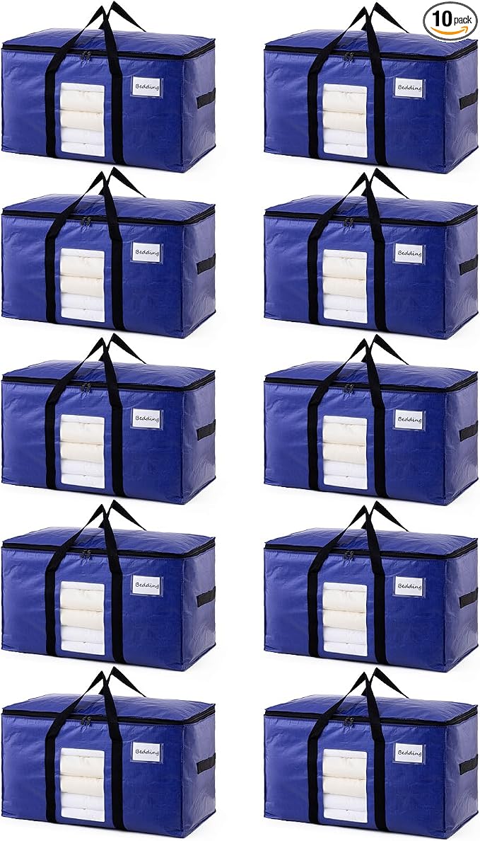 TAILI 10 Pack Dark Blue Extra Large Moving Bags, Heavy Duty Totes with Visible Window, Wrap Around Handles, Great for Space-Saving
