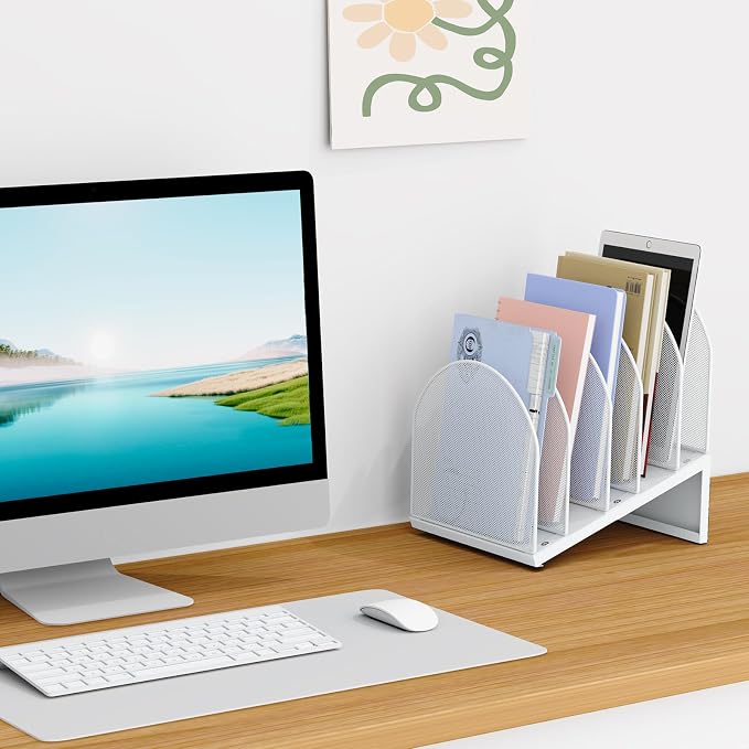 5-Section Desk File Organizer | Metal Mesh Folder Organizer for Documents, Mail & Office Papers (White)