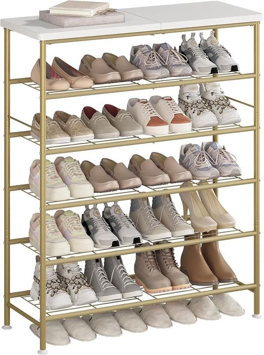 SUOERNUO 6 Tier Shoe Rack Organizer for Closet Shoe Storage for Entryway | Free Standing with MDF Top Board,Sturdy Metal Frame,Ideal for Living Room,Hallway Gold