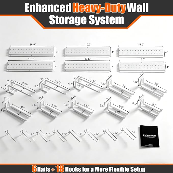 Garage Tool Organizer Wall Mount 99 inches with 18 Adjustable Heavy-Duty Hooks, Garage Organization, Garden Tool Storage Rack for Garage,Yard,Shed,Holds Up to 750 lbs,White