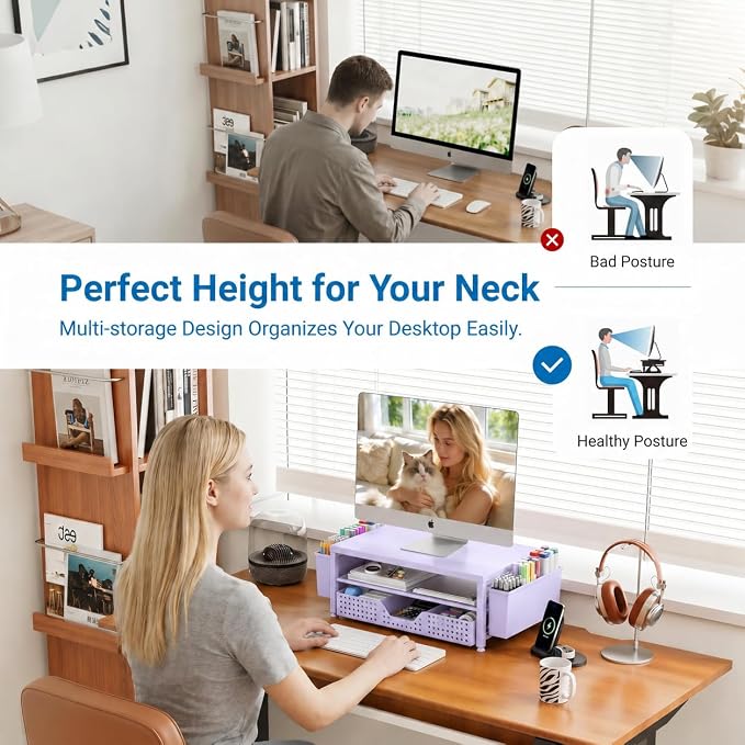 OPNICE Desk Organizers and Accessories, Computer Monitor Stand Riser with Drawer and 2 Pen Holders, Printer & Laptop Stand, Office Desk Accessories & Workspace Organizers for Home Office Supplies, Purple