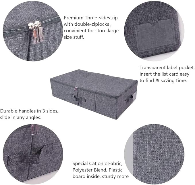 2pcs Rigid Underbed Zip Lid Storage Boxes, Clothes, Blankets Organizer Bins | under the bed/ couch/shelves/closet use, clothing shoes organizer, dustproof, 27.5*15.7*7", 3-side zip lid,folding design