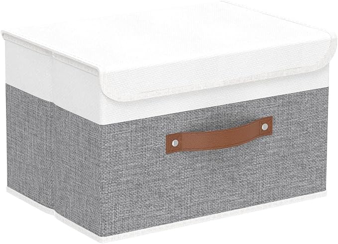 Yawinhe Collapsible Storage Boxes,White/Grey,10.2x7.9x6.7in,1-Pack | Fabric Storage bin with Lids, Washable Cube Organizer Basket; Container with Leather Handle,Closet Organizer for Home