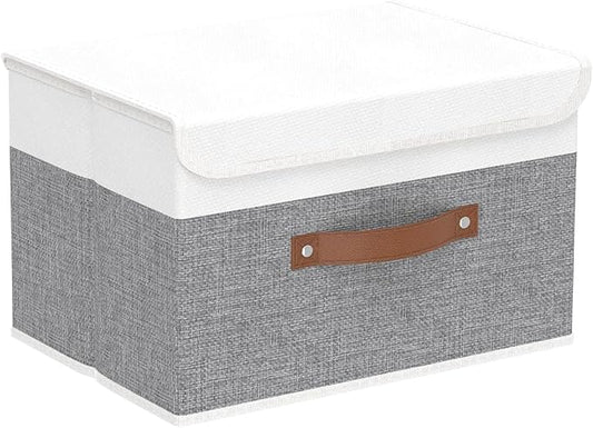 Yawinhe Collapsible Storage Boxes,White/Grey,10.2x7.9x6.7in,1-Pack | Fabric Storage bin with Lids, Washable Cube Organizer Basket; Container with Leather Handle,Closet Organizer for Home