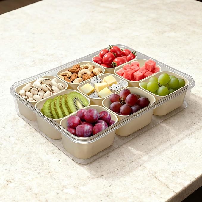 SILIVO Snackle Box Container - 9 Compartment Portable Divided Serving Tray with Lid and Handle,Clear Snack Organizer for Candy, Fruits, Nuts, Snacks - Perfect for Party, Travel and Entertaining