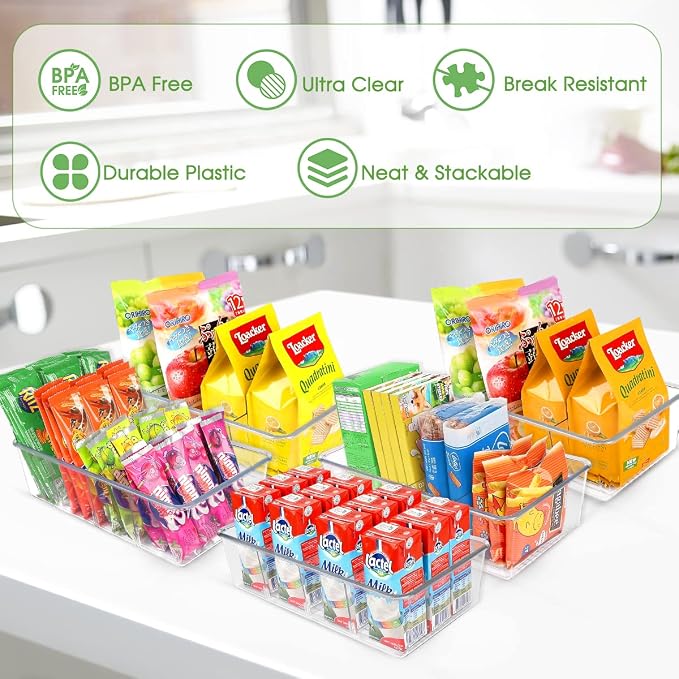 ZIZOTI Snack Organizer for Pantry Shelf, 6 Pack Clear Plastic Pantry Storage Bins with 3 Dividers for Snacks, Spices, Chips Food Organizer, Stackable Pantry Organizers for Kitchen, Fridge, Cabinet