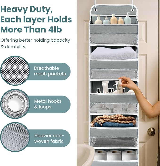 Ease of Assembly Over The Door Organizer,5 Shelves&8 Side Pockets | Anti-Tilt Hanging Door Storage for Closet Heavy-Duty Mesh Shelf for Bathroom, Closet, Toy Organization, Shoes, Towels, Grey