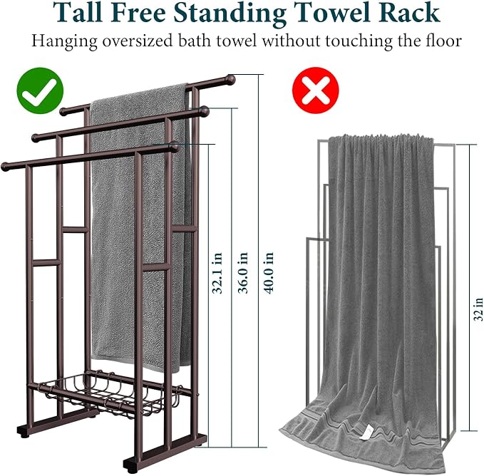Kayfia 40'' Freestanding 3 Tier Alloy Steel Towel Rack with Storage Basket | Dual-Use Drying & Display Rack, Holds Oversized Bath Towels & Blankets, Fits Bathroom, Tub, Shower, Poolside, Bronze