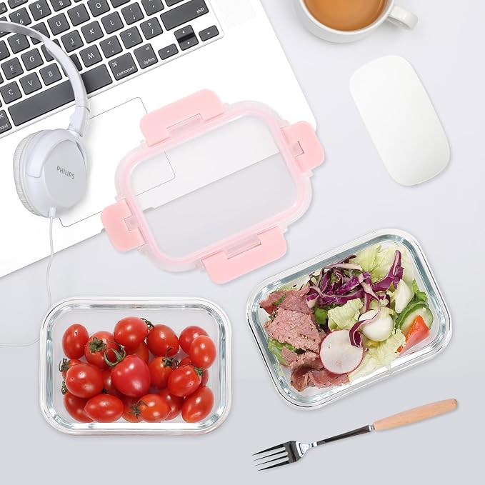 GULFLIN 12-Pack, 22oz Glass Meal Prep Containers with Lids, Pink Set | Glass Food Storage Containers, Great for Leftovers and Taking Your Lunch to Work. Perfect size.